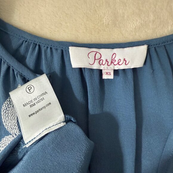 Parker Top Women's Extra Small Embroidered Silk Blouse Long Ruffle Sleeve‎ Blue - Picture 9 of 13
